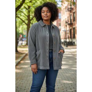Woman Within Jacket Womens 1X Gray Corduroy Button Front Pleated Chore Pockets
